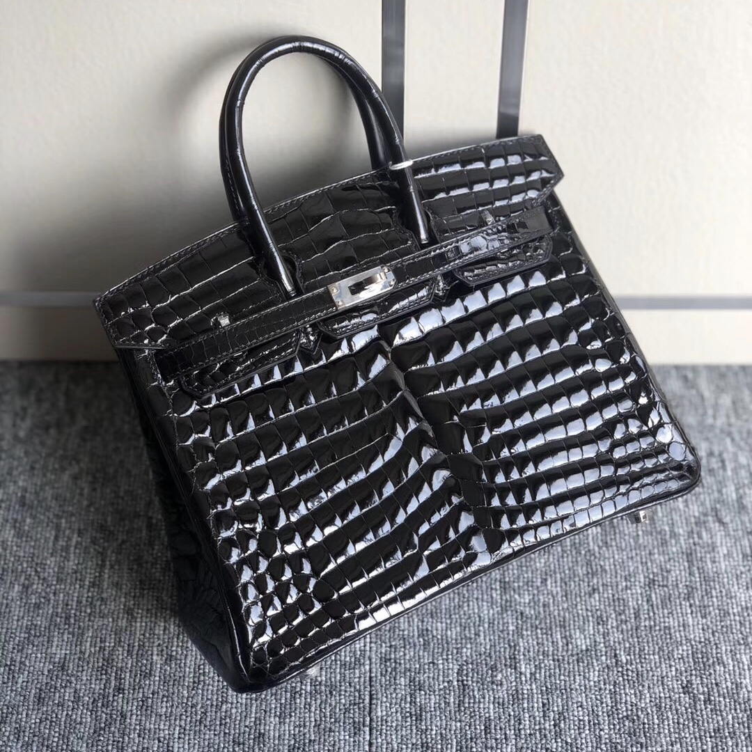 香港西貢區鉑金包 Hermes Birkin 25cm 尼羅供珠鱷魚CK89 Noir 黑色