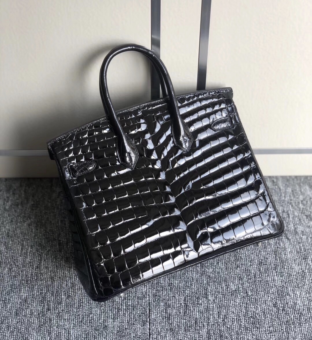 香港西貢區鉑金包 Hermes Birkin 25cm 尼羅供珠鱷魚CK89 Noir 黑色