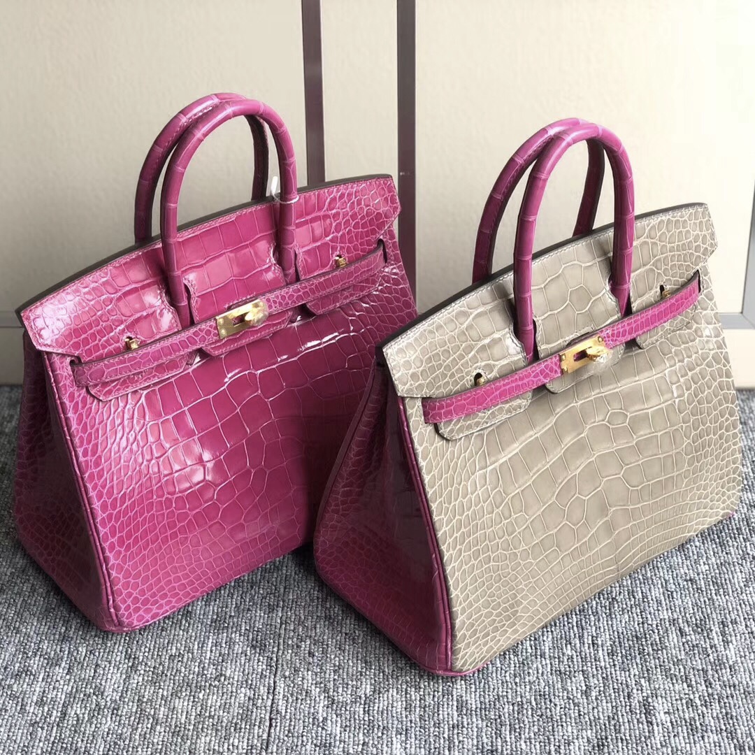 Hermes Birkin 25cm CK81斑鳩灰 J5天方夜譚粉紫 亮面方塊 美洲鱷