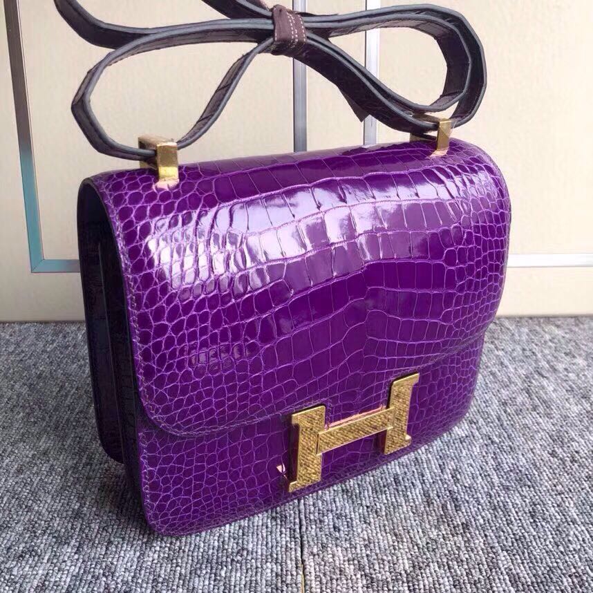 香港東區愛馬仕康斯坦空姐包 Hermes Constance 24cm 美洲鱷5L極度紫 夢幻紫