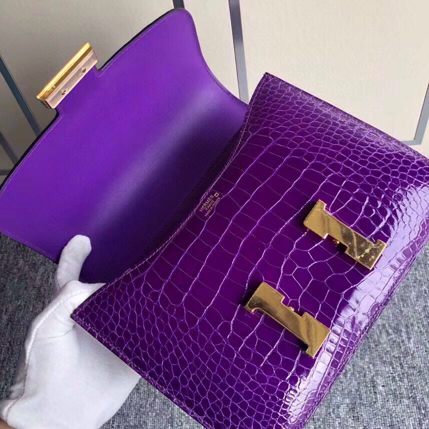 香港東區愛馬仕康斯坦空姐包 Hermes Constance 24cm 美洲鱷5L極度紫 夢幻紫