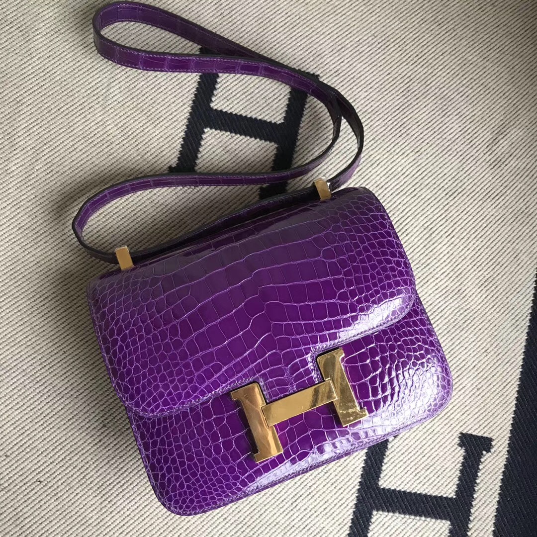 香港東區愛馬仕康斯坦空姐包 Hermes Constance 24cm 美洲鱷5L極度紫 夢幻紫