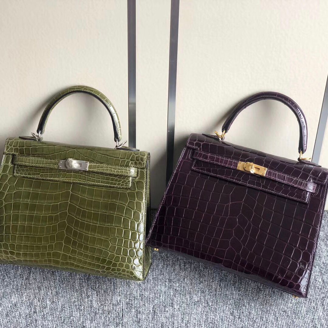 愛馬仕凱莉包專櫃價格 Hermes Kelly25cm尼羅鱷 6H橄欖綠 9G水晶紫