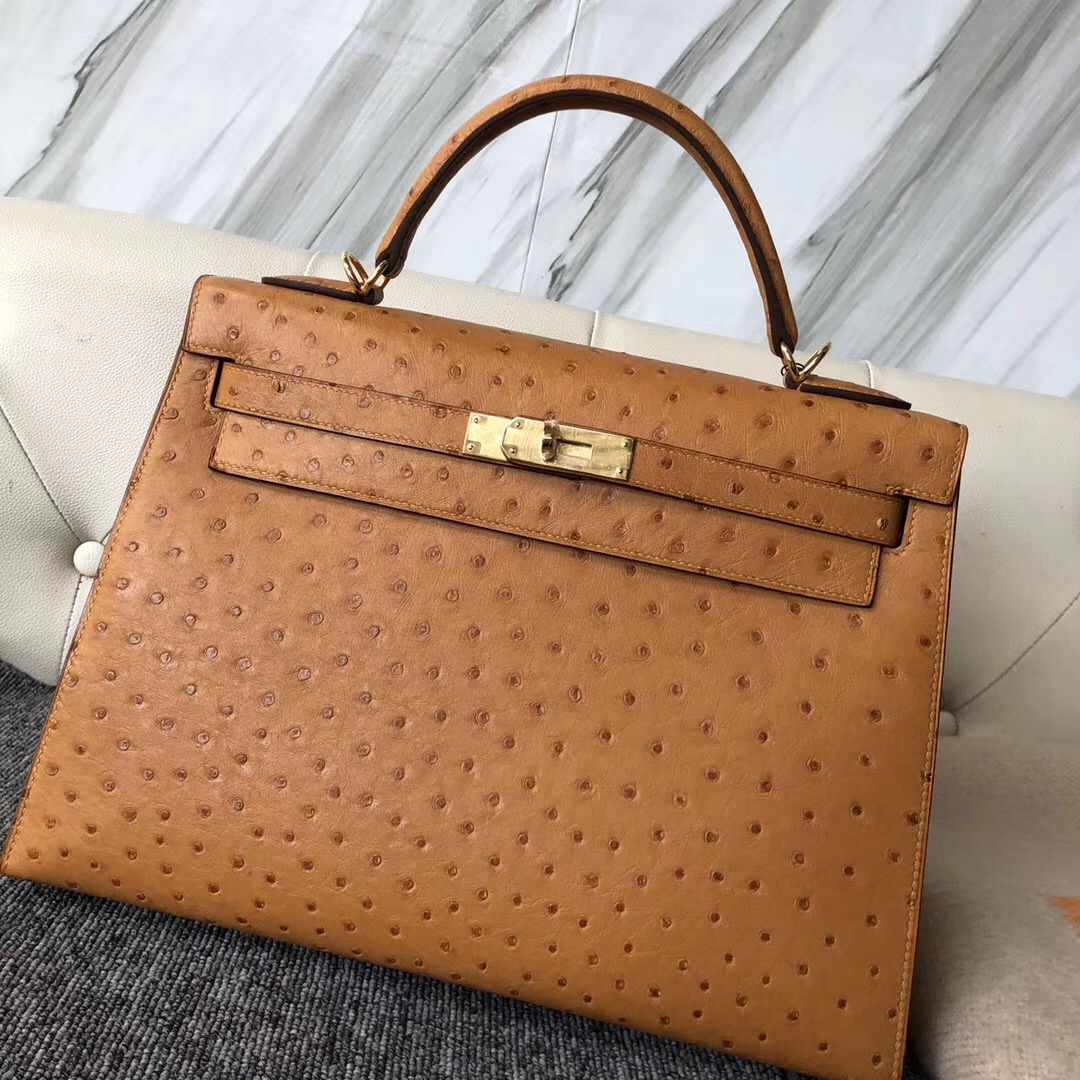 凱莉包鴕鳥皮多少錢 Hermes Kelly 32cm Ostrich 南非鴕鳥皮 CK37 gold 金棕色