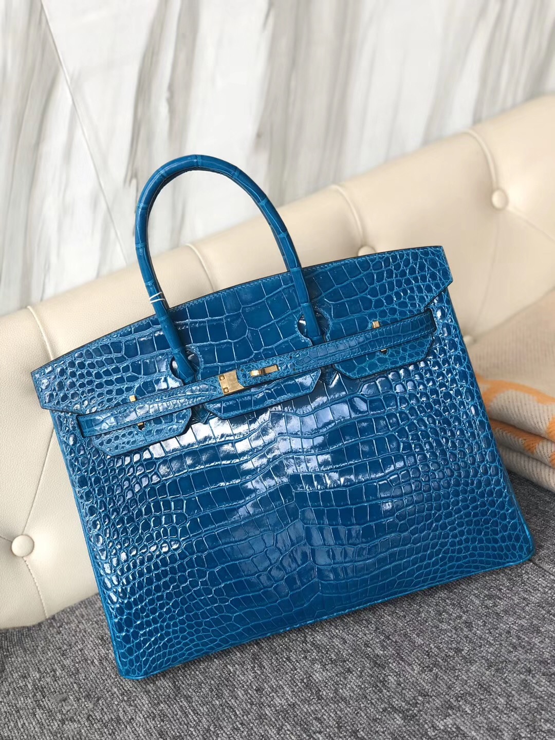 香港石澳Hermes Birkin 35cm 亮面倒V澳洲灣鱷 7W 伊茲密爾藍 Blue Izmir