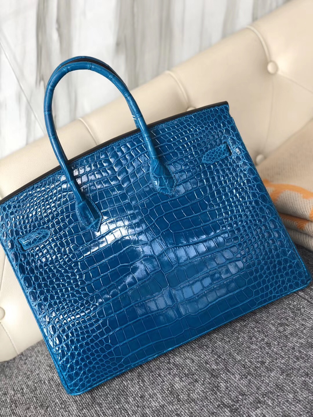 香港石澳Hermes Birkin 35cm 亮面倒V澳洲灣鱷 7W 伊茲密爾藍 Blue Izmir