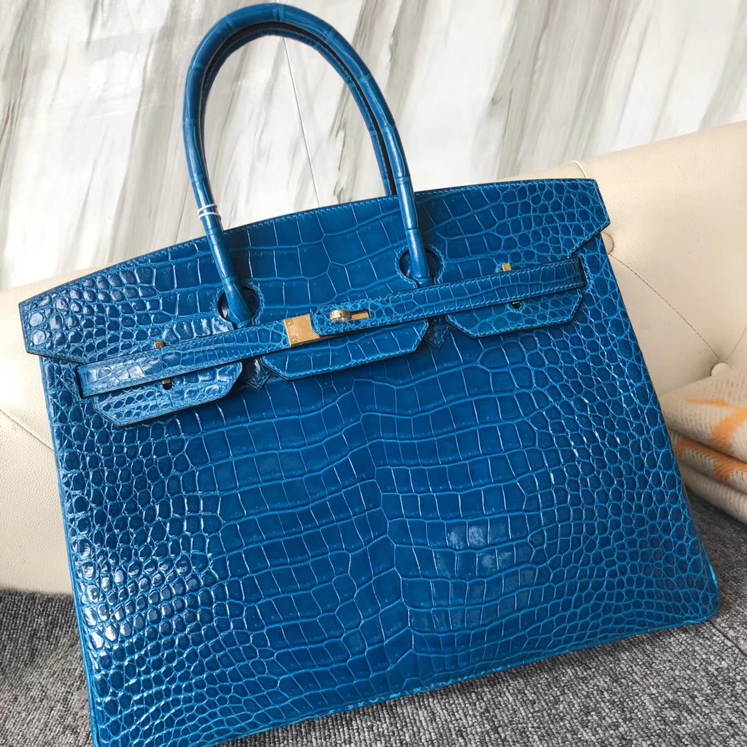 香港石澳Hermes Birkin 35cm 亮面倒V澳洲灣鱷 7W 伊茲密爾藍 Blue Izmir