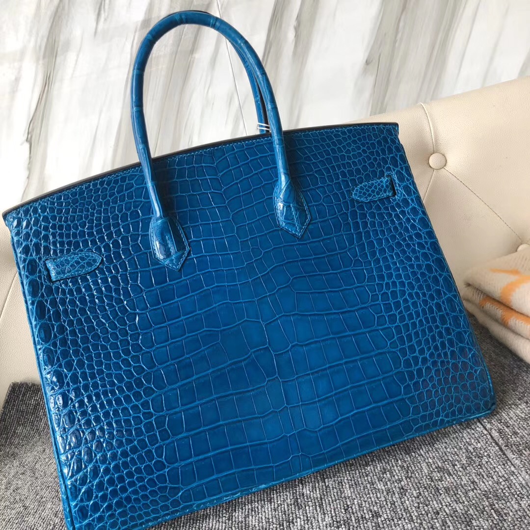 香港石澳Hermes Birkin 35cm 亮面倒V澳洲灣鱷 7W 伊茲密爾藍 Blue Izmir