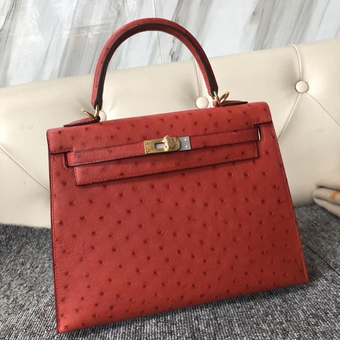 香港灣仔區愛馬仕凱莉包定制 Hermes Kelly 25cm Q5國旗紅 Rouge casaque鴕鳥皮