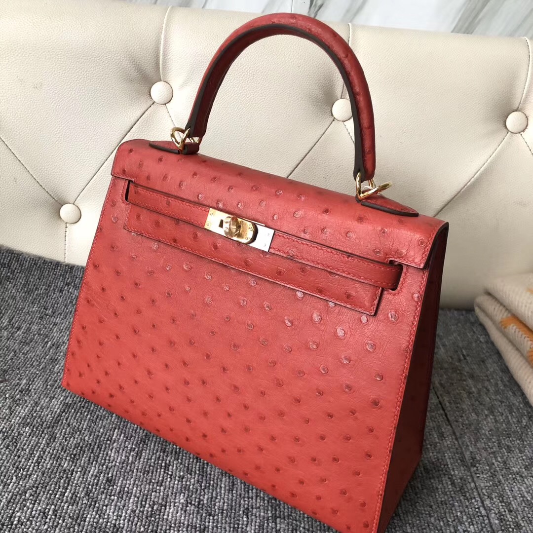 香港灣仔區愛馬仕凱莉包定制 Hermes Kelly 25cm Q5國旗紅 Rouge casaque鴕鳥皮