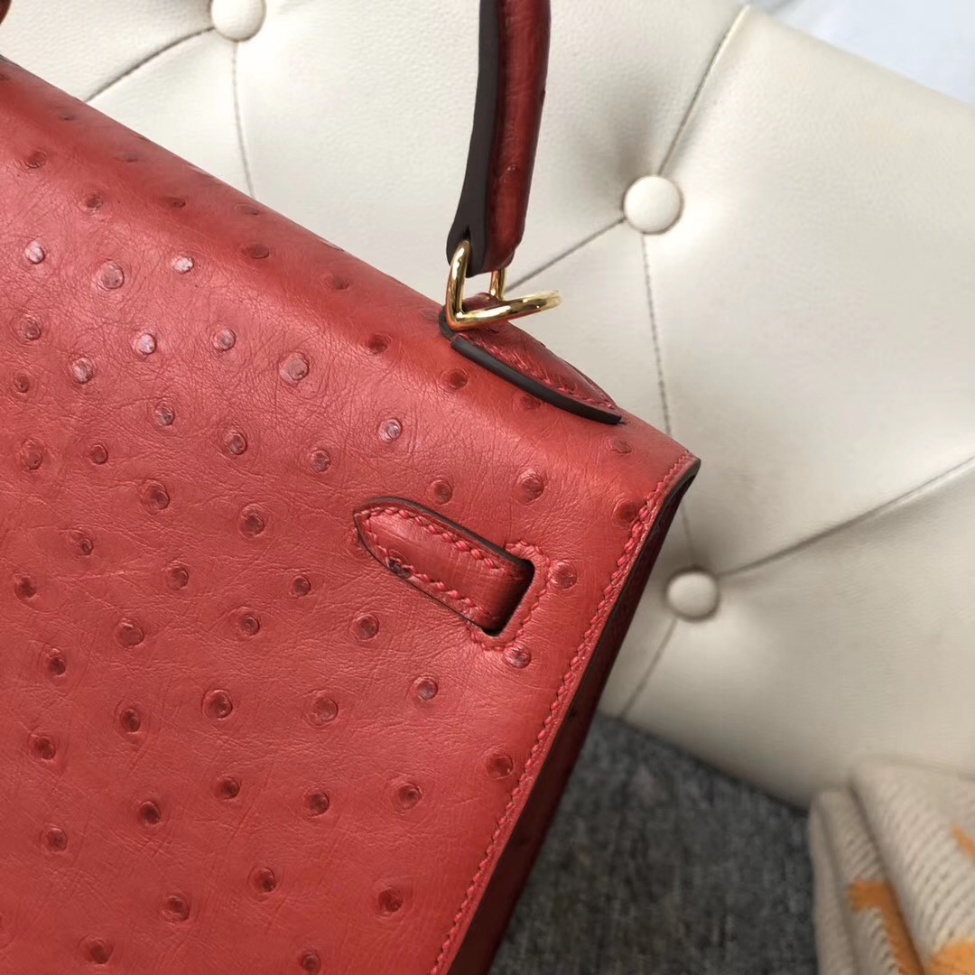 香港灣仔區愛馬仕凱莉包定制 Hermes Kelly 25cm Q5國旗紅 Rouge casaque鴕鳥皮