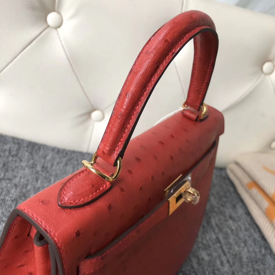 香港灣仔區愛馬仕凱莉包定制 Hermes Kelly 25cm Q5國旗紅 Rouge casaque鴕鳥皮