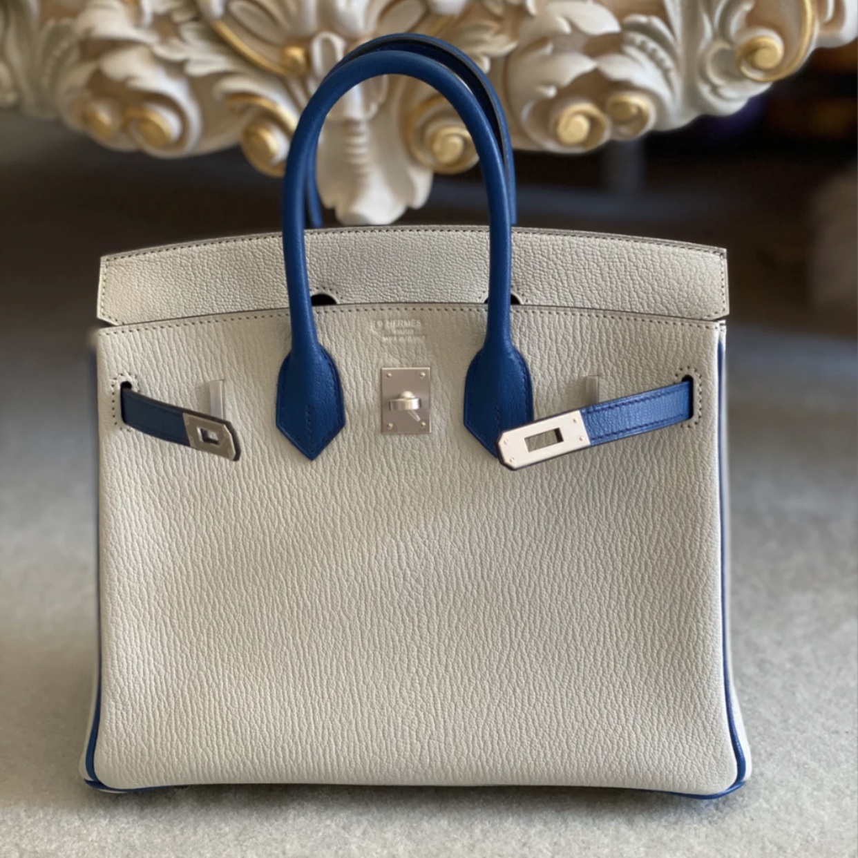 Hong Kong Hermes Birkin 25cm Handbag Chevre CK80珍珠灰/CK73寶石藍