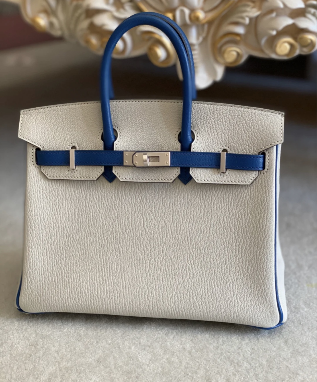 Hong Kong Hermes Birkin 25cm Handbag Chevre CK80珍珠灰/CK73寶石藍