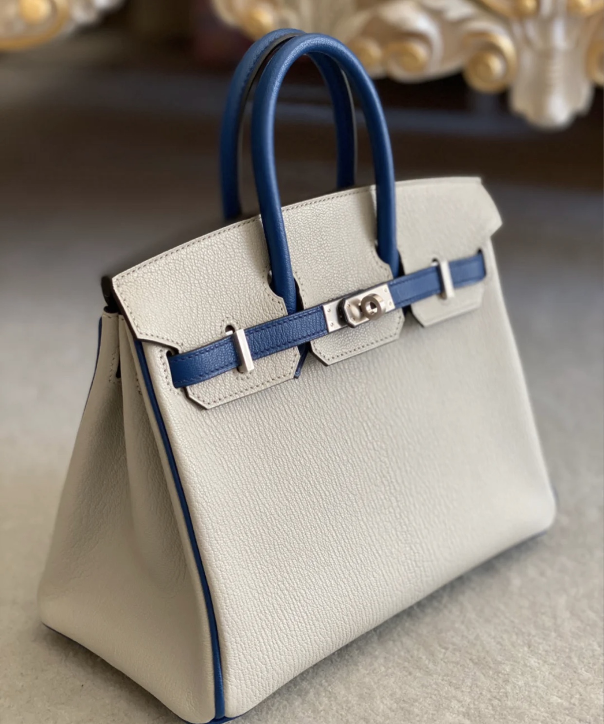 Hong Kong Hermes Birkin 25cm Handbag Chevre CK80珍珠灰/CK73寶石藍