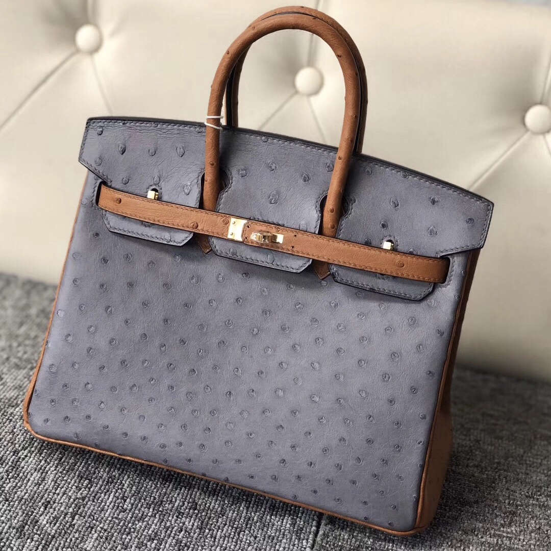 香港九龍城區愛馬仕 Hermes Birkin 25cm 鴕鳥皮ck82瑪瑙灰/ck37金棕色