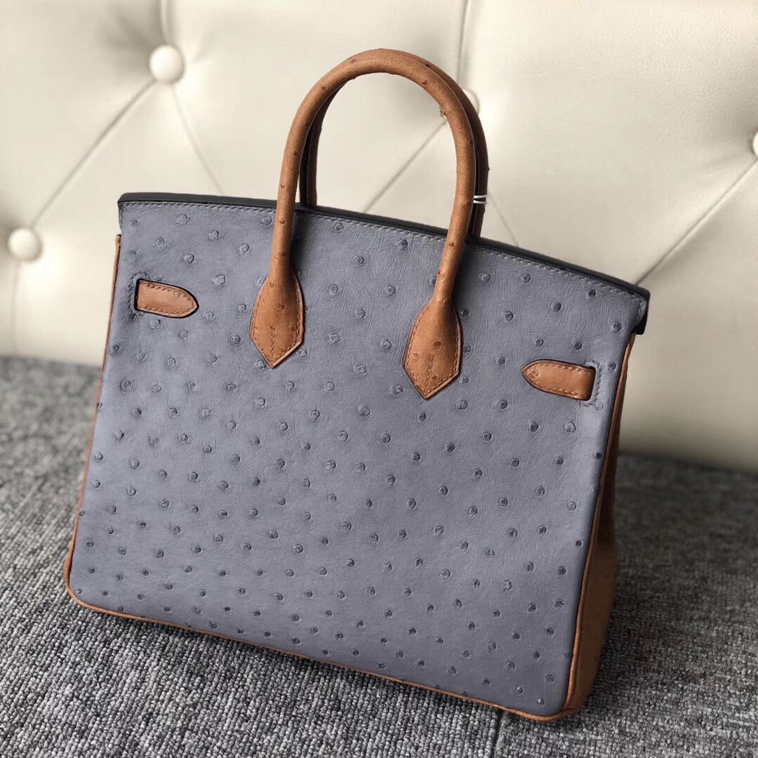 香港九龍城區愛馬仕 Hermes Birkin 25cm 鴕鳥皮ck82瑪瑙灰/ck37金棕色