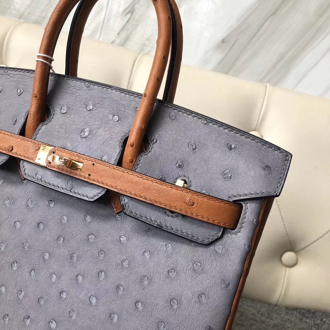 香港九龍城區愛馬仕 Hermes Birkin 25cm 鴕鳥皮ck82瑪瑙灰/ck37金棕色