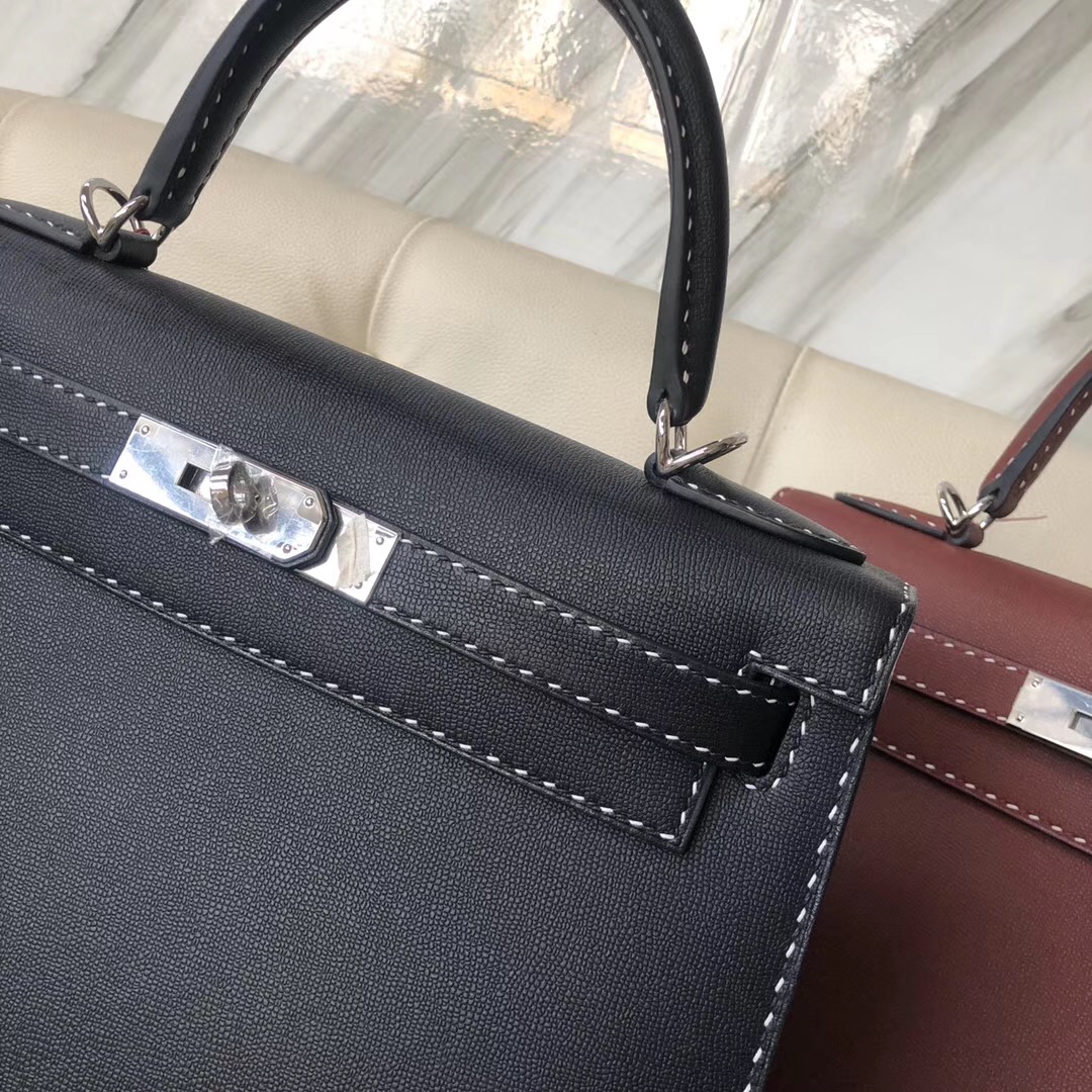 Hong Kong Hermes Kelly 28cm Graine Monsieur Ck89 Noir 黑白双色線