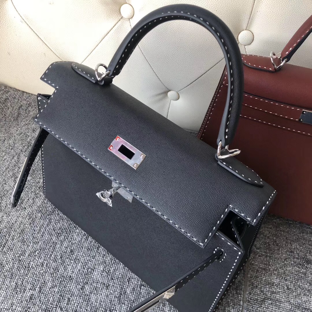 Hong Kong Hermes Kelly 28cm Graine Monsieur Ck89 Noir 黑白双色線