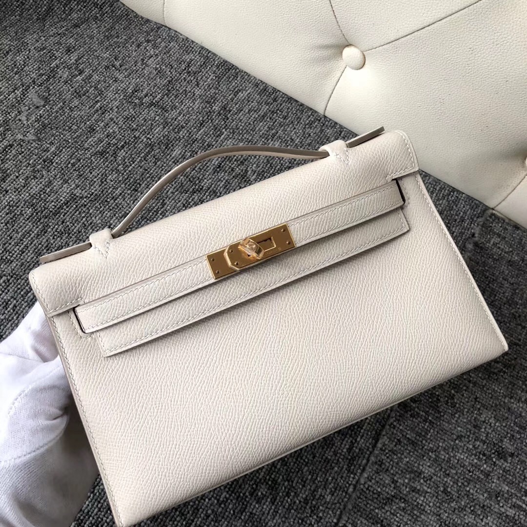 Macao Hermes MiniKelly Pochette Epsom CK10奶昔白 Craie 24k五金