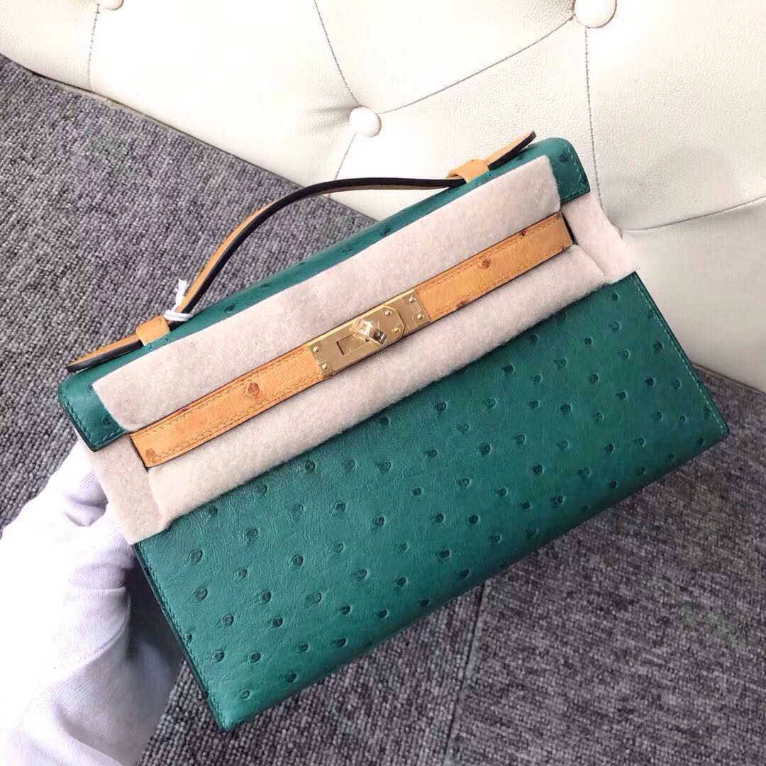 Macao Hermes MiniKelly Pochette Ostrich U4 Vert Verigo絲絨綠/1H Toffee 太妃色