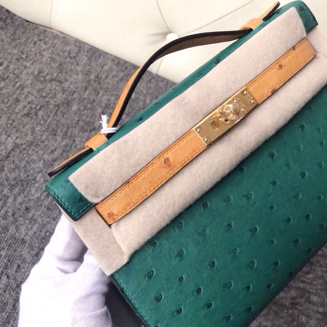 Macao Hermes MiniKelly Pochette Ostrich U4 Vert Verigo絲絨綠/1H Toffee 太妃色