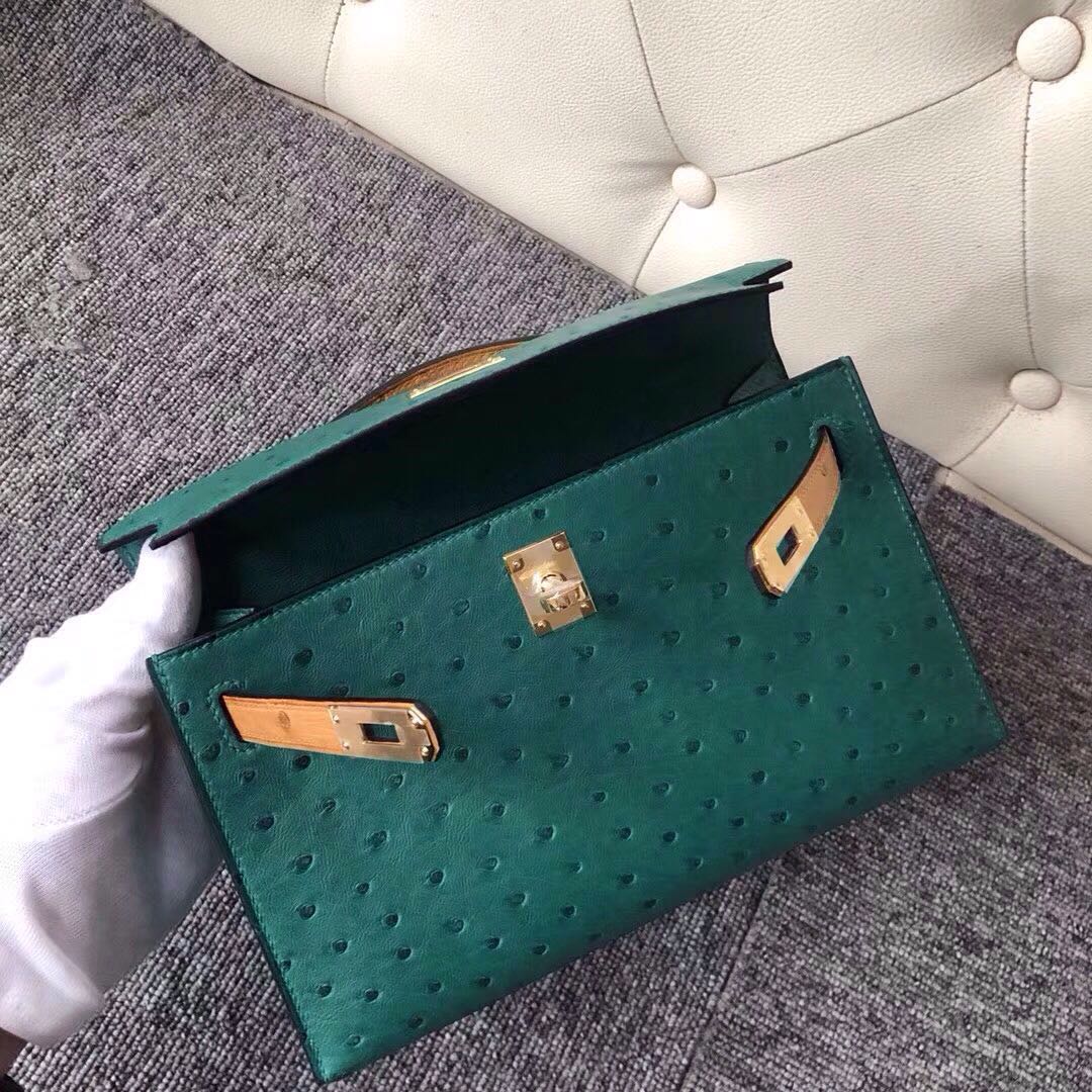 Macao Hermes MiniKelly Pochette Ostrich U4 Vert Verigo絲絨綠/1H Toffee 太妃色