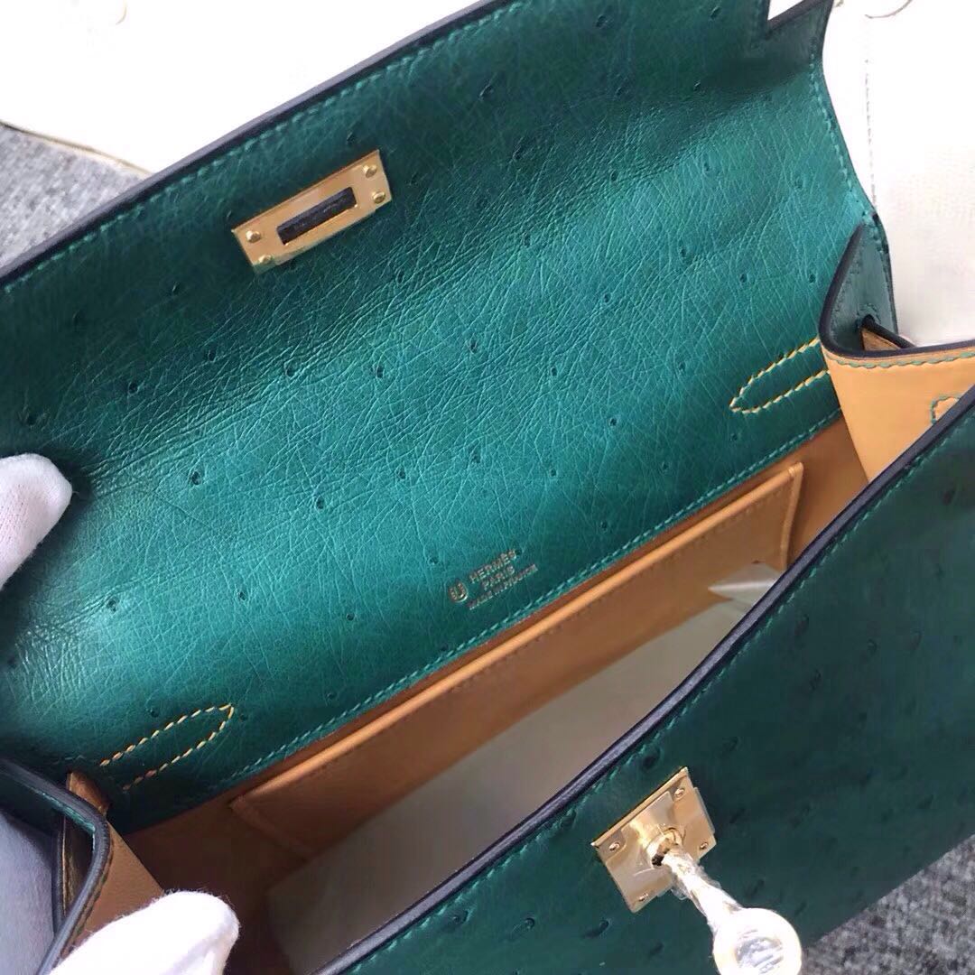 Macao Hermes MiniKelly Pochette Ostrich U4 Vert Verigo絲絨綠/1H Toffee 太妃色