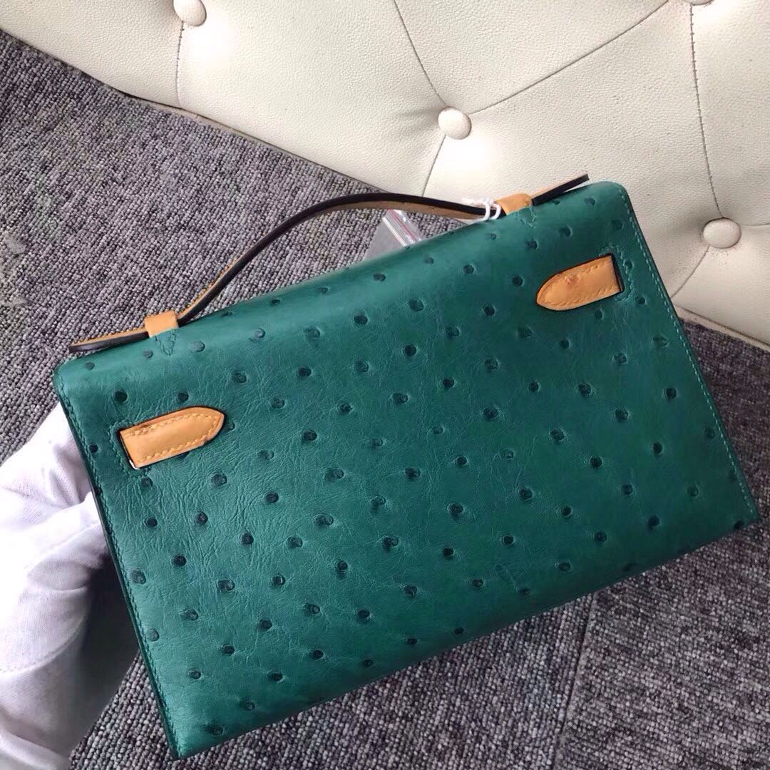 Macao Hermes MiniKelly Pochette Ostrich U4 Vert Verigo絲絨綠/1H Toffee 太妃色