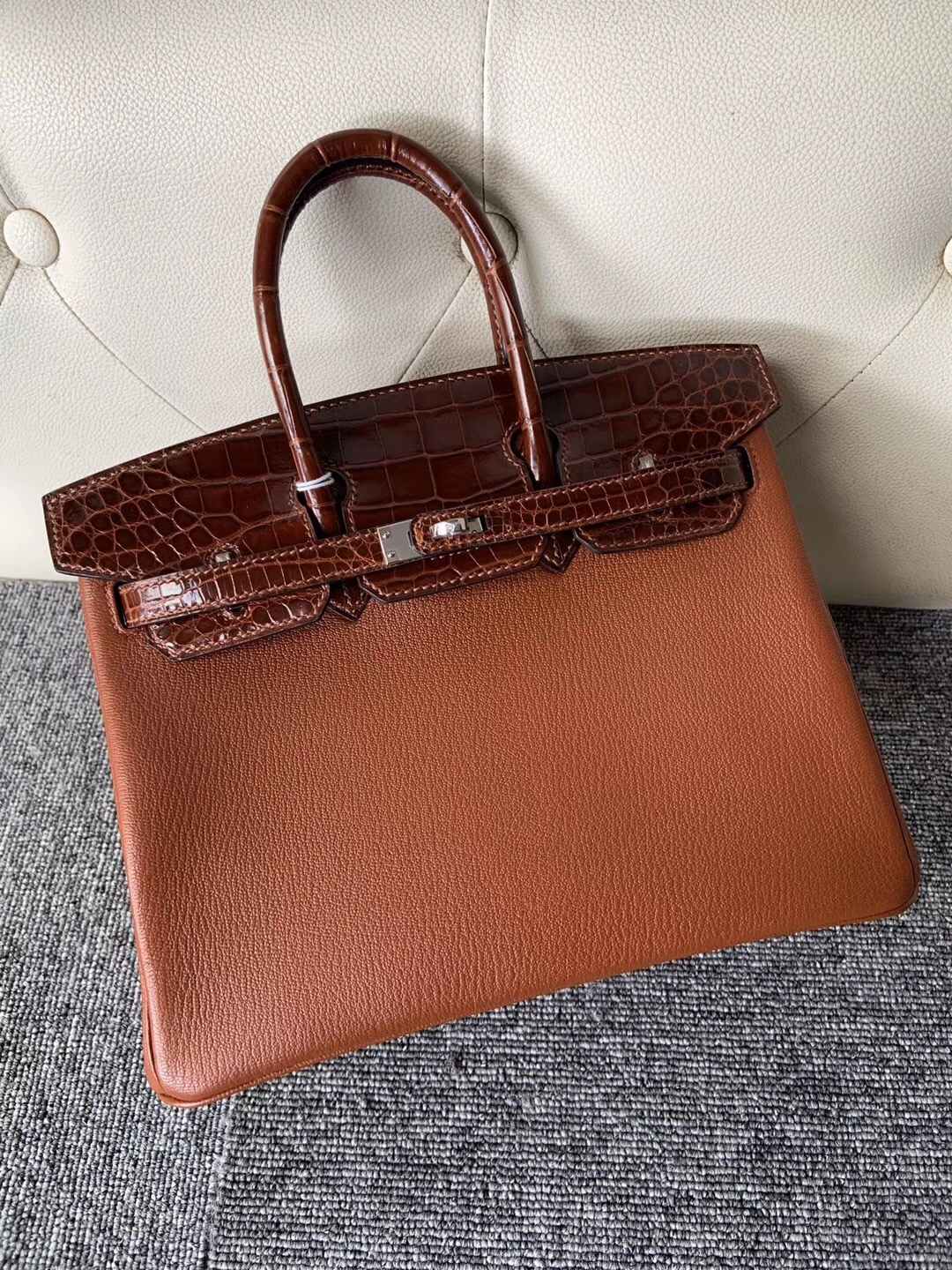 Macao Hermes Birkin25cm Touch Chevre 6C古銅色拼 CC31 Miel蜜糖棕