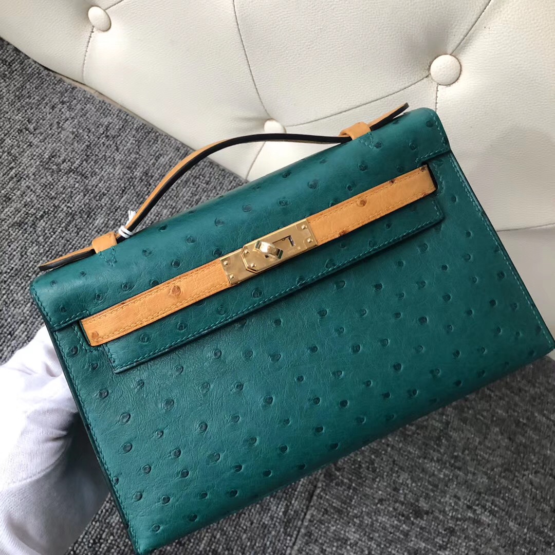 Macao Hermes MiniKelly Pochette Ostrich U4 Vert Verigo絲絨綠/1H Toffee 太妃色