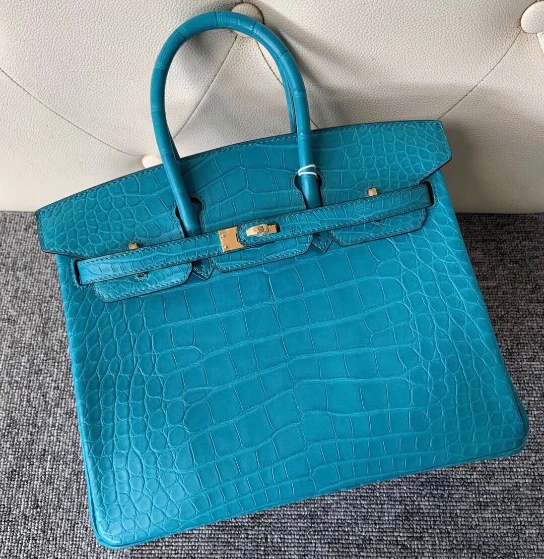 愛馬仕鉑金包定制多少錢 Hermes Birkin 25cm 7F Blue Paon 孔雀藍 霧面方塊 美洲鱷魚