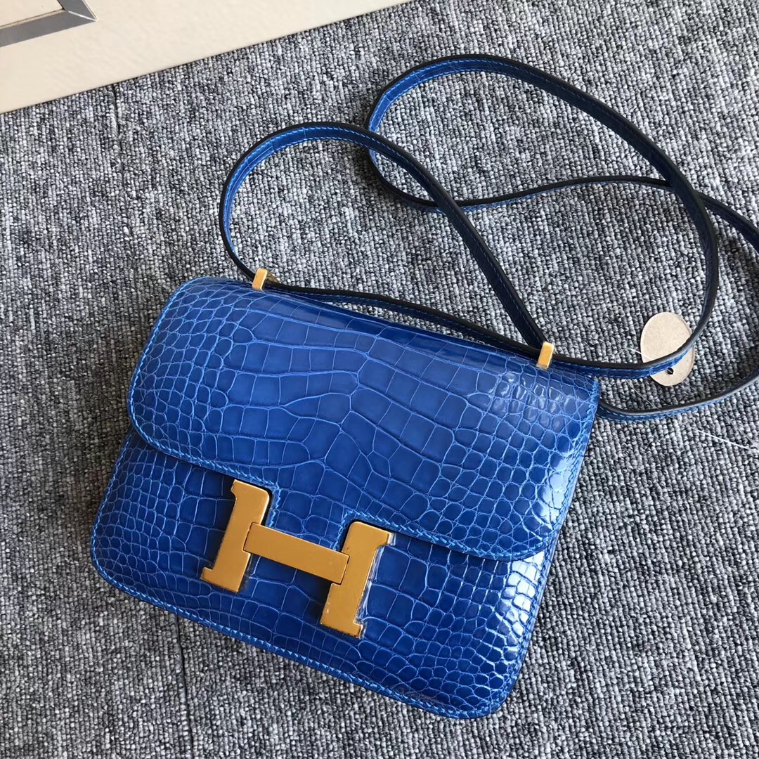 Hermes Constance 19cm I7 Blue Zellige 琉璃藍 金扣 HCP 美洲鱷魚