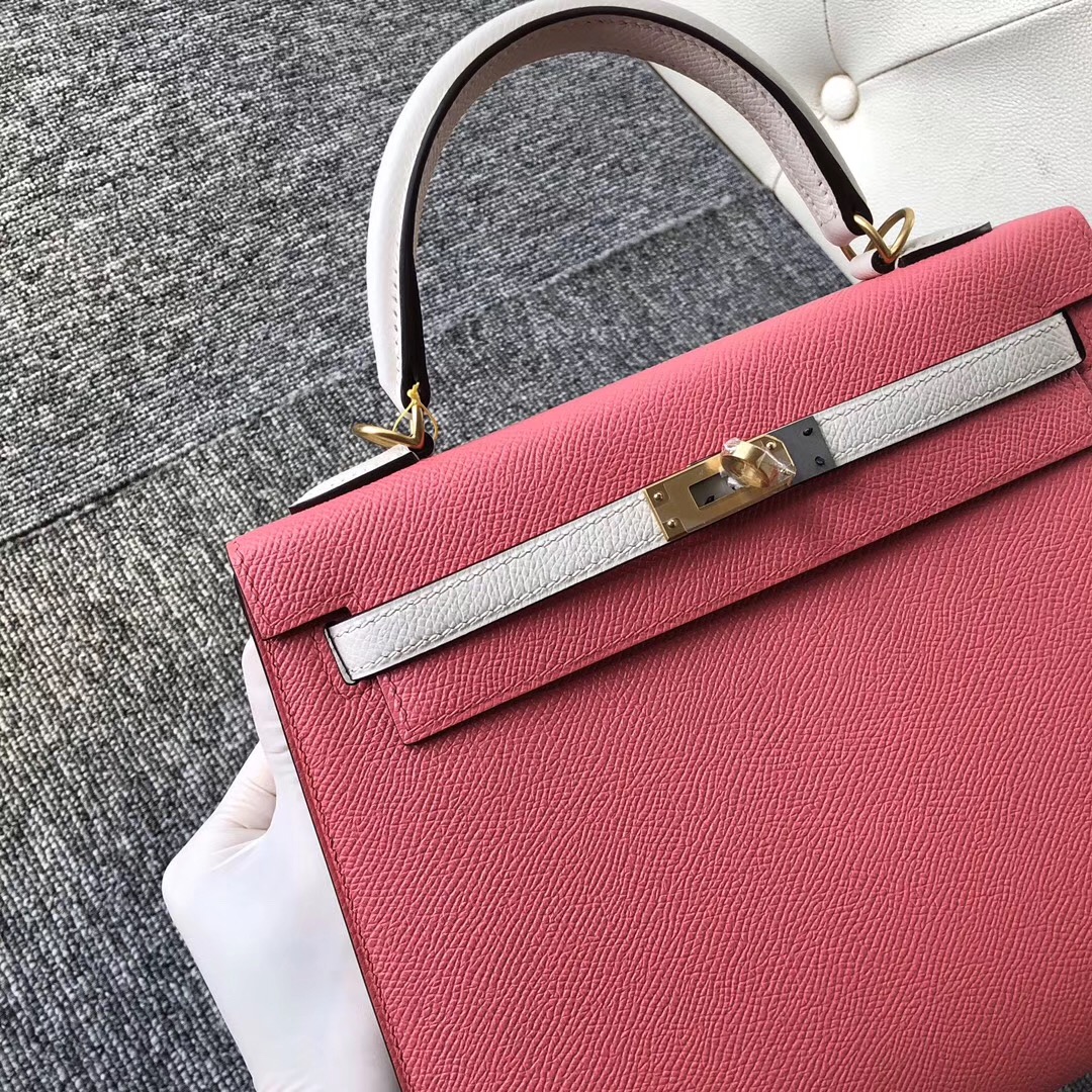 香港石澳愛馬仕凱莉包 Hermes Kelly 25cm 8w Rose Azalee ck10 Craie