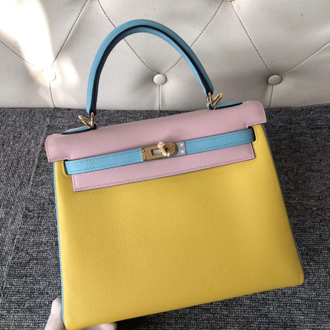 Hermes Kelly 三拼色 25cm 9R lemon 3Q Rose Sakura 3P Blue Atoll