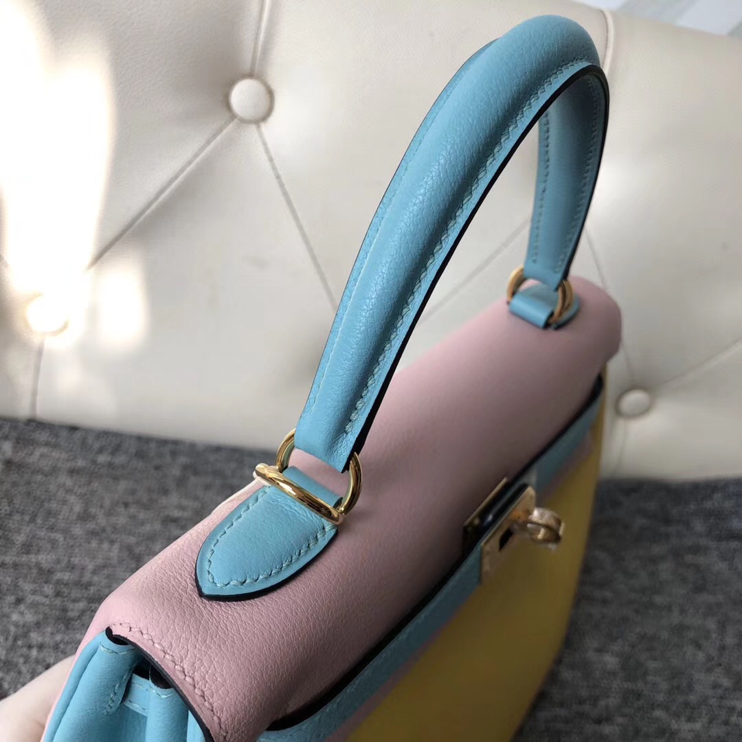 Hermes Kelly 三拼色 25cm 9R lemon 3Q Rose Sakura 3P Blue Atoll