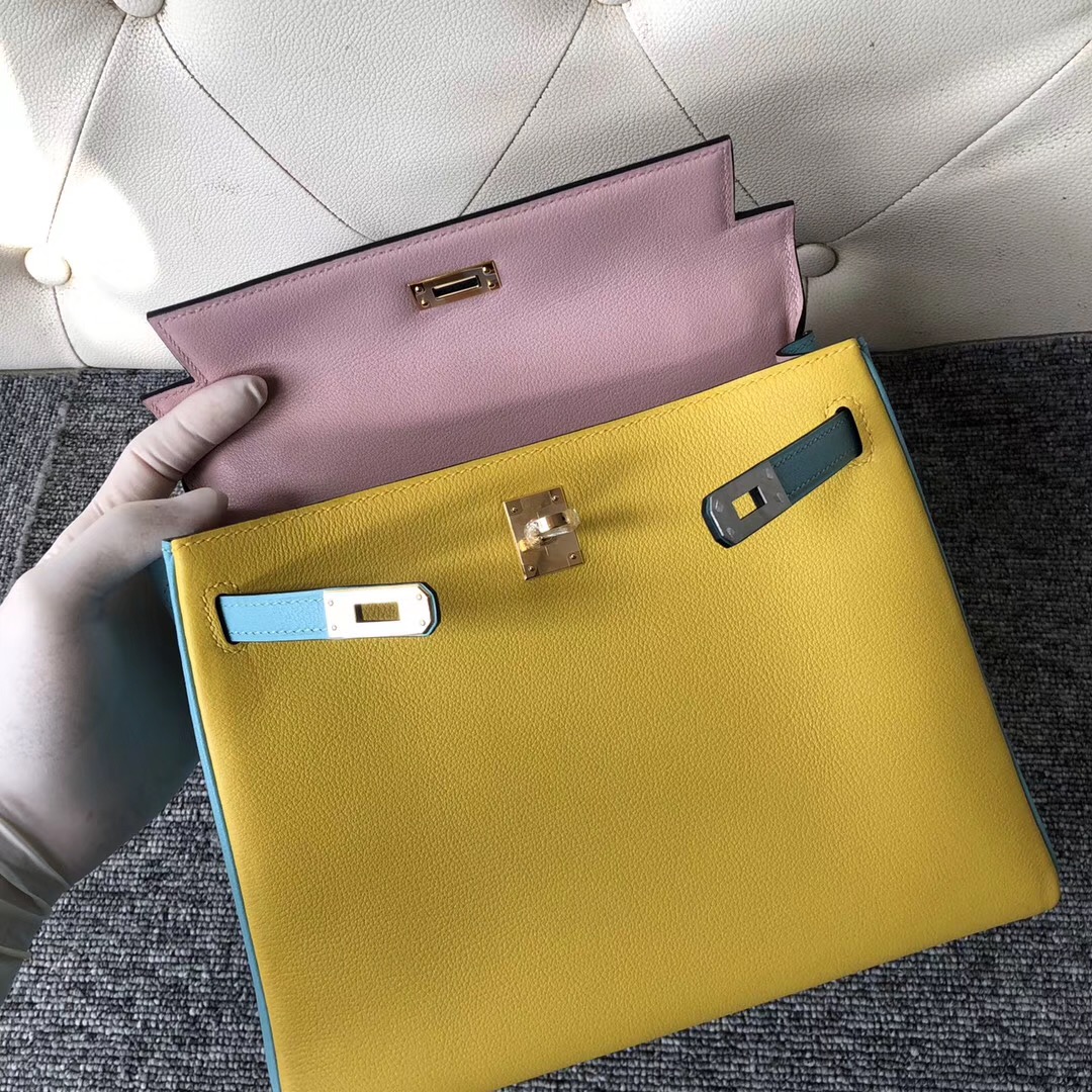 Hermes Kelly 三拼色 25cm 9R lemon 3Q Rose Sakura 3P Blue Atoll