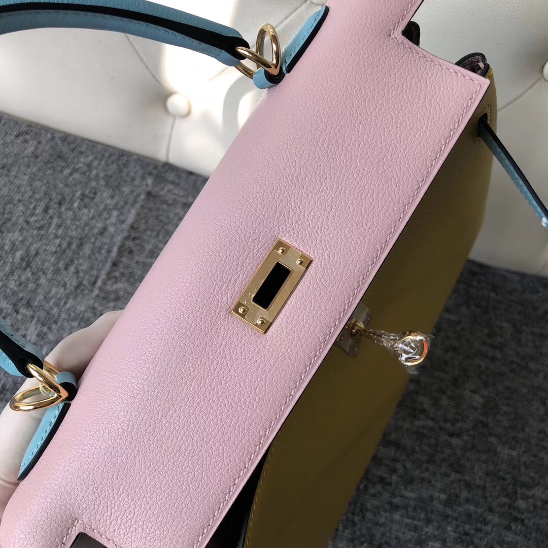 Hermes Kelly 三拼色 25cm 9R lemon 3Q Rose Sakura 3P Blue Atoll