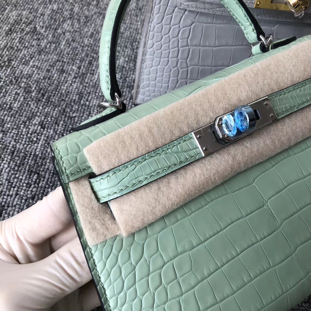 NEW HERMES 6U VERT D'EAU MATTE CROCODILE MINI KELLY II 20