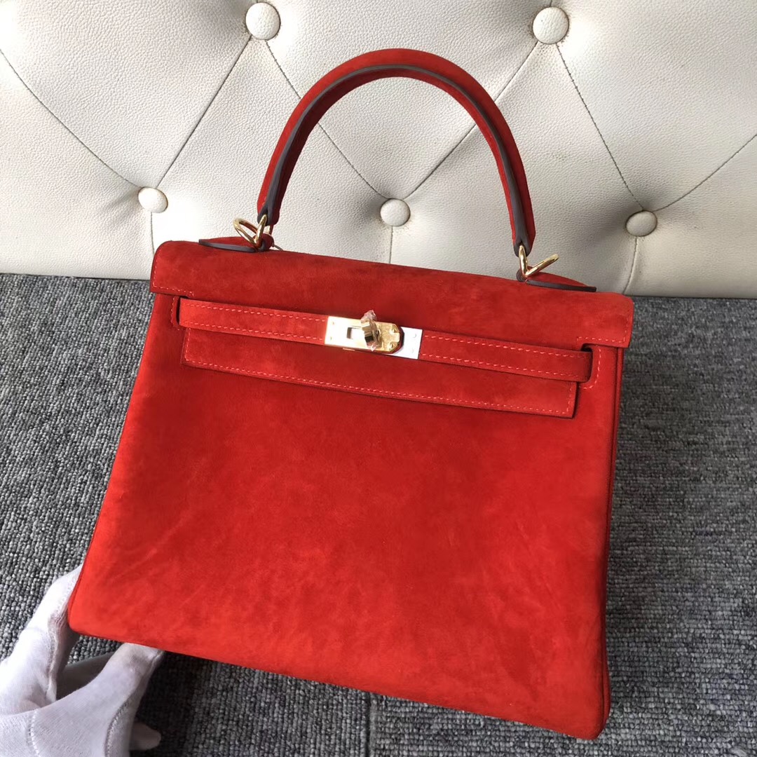 Aomen Hermes Kelly 25cm 羊皮反絨 麂皮 S3心紅色 Rose de course