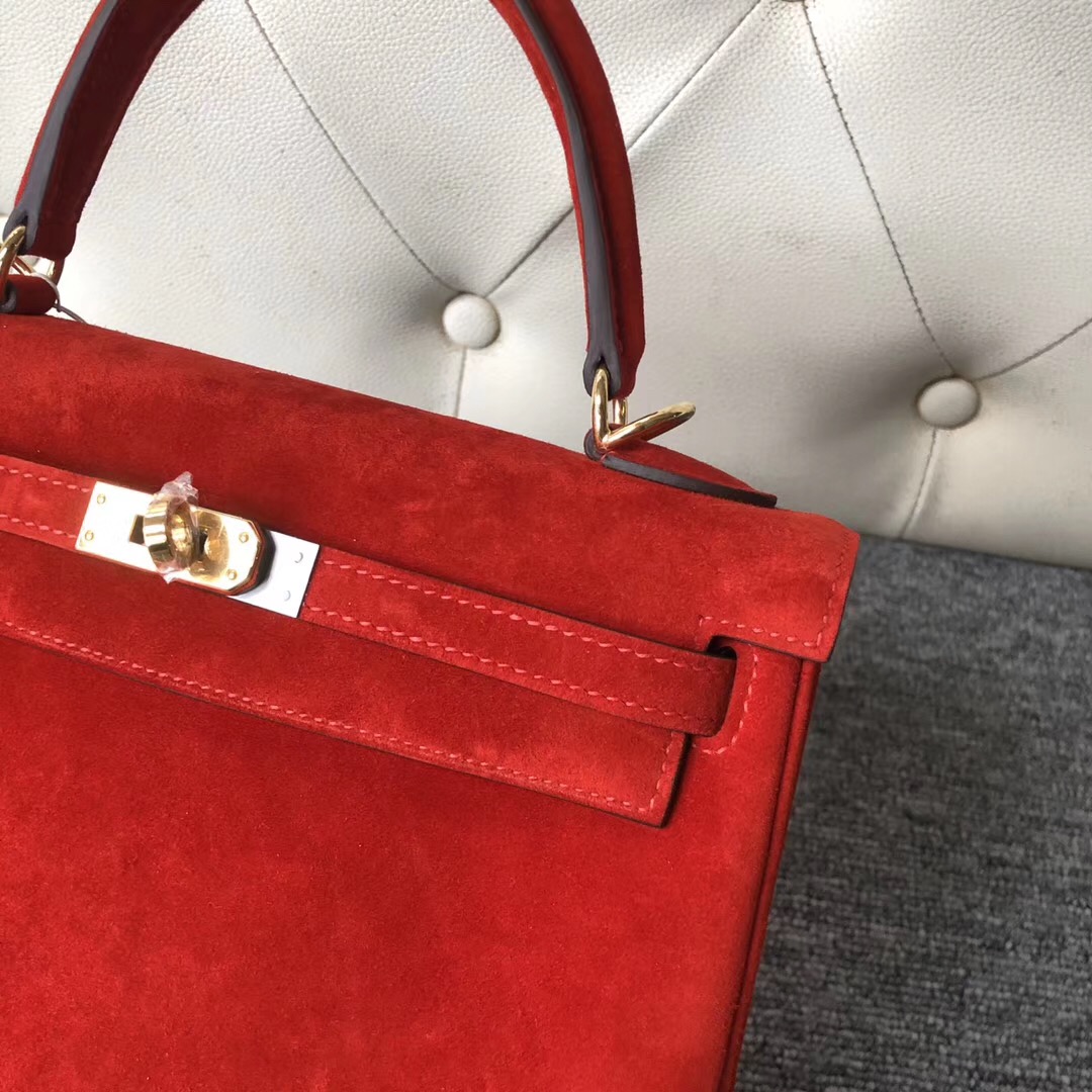 Aomen Hermes Kelly 25cm 羊皮反絨 麂皮 S3心紅色 Rose de course