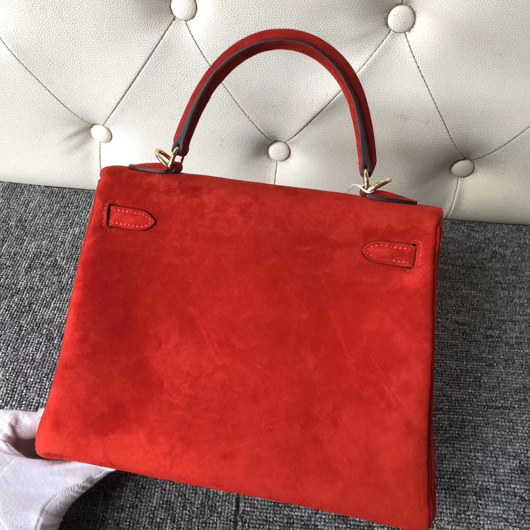 Aomen Hermes Kelly 25cm 羊皮反絨 麂皮 S3心紅色 Rose de course