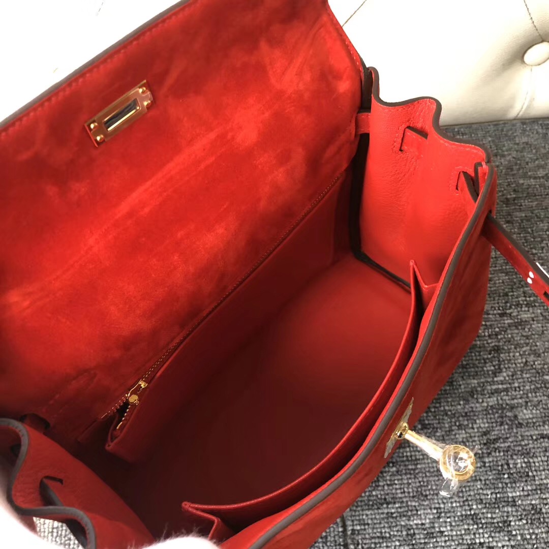 Aomen Hermes Kelly 25cm 羊皮反絨 麂皮 S3心紅色 Rose de course