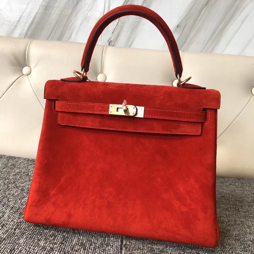 Aomen Hermes Kelly 25cm 羊皮反絨 麂皮 S3心紅色 Rose de course