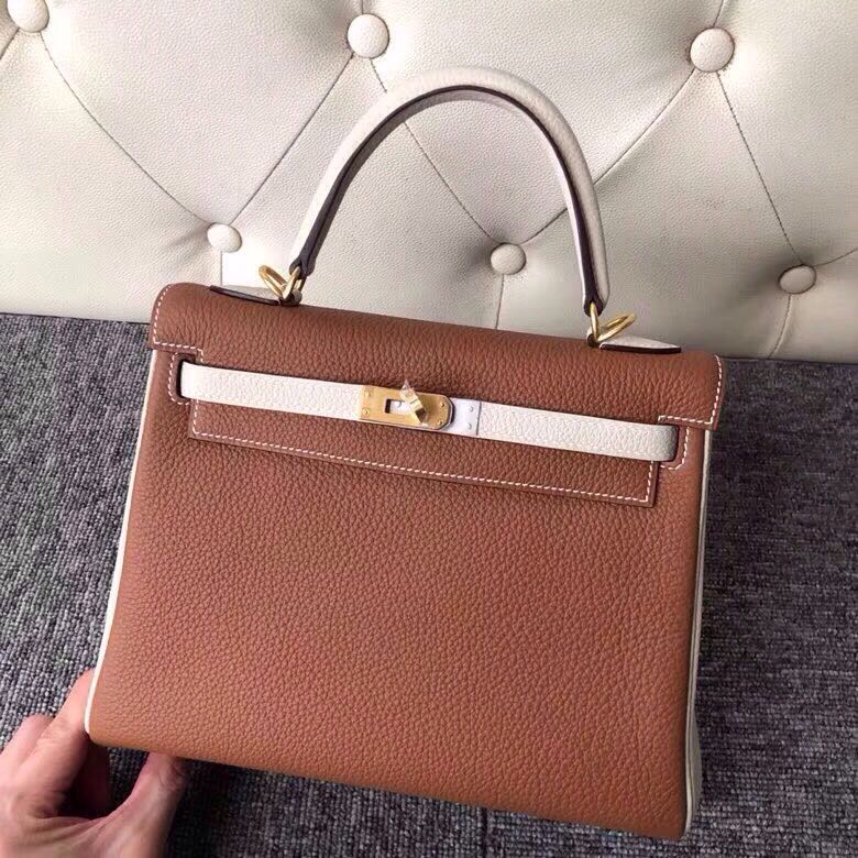 Hermes Kelly 25cm HSS Togo CK37 金棕色 Gold/CK10 奶昔白 craie