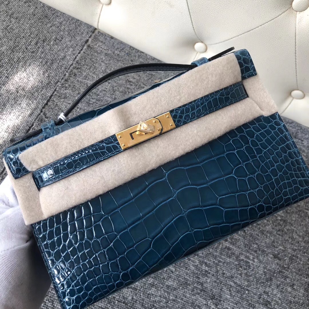 Hermes MiniKelly Pochette 亮面方塊 美洲鱷 W0 博斯普魯斯綠 Blue Bosphore