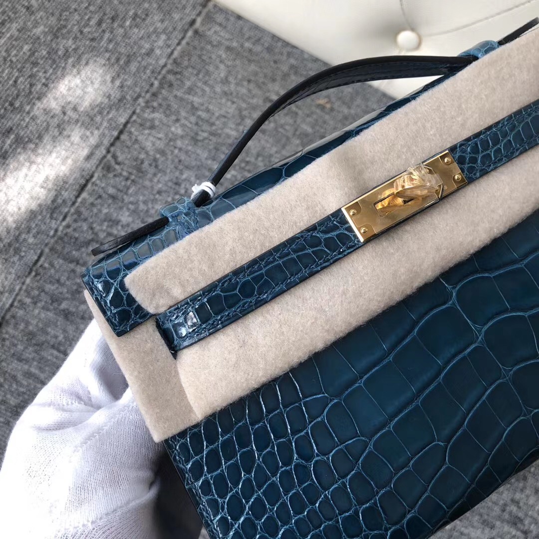 Hermes MiniKelly Pochette 亮面方塊 美洲鱷 W0 博斯普魯斯綠 Blue Bosphore