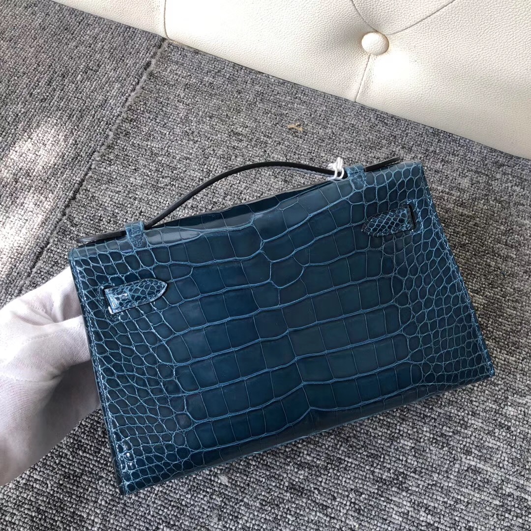 Hermes MiniKelly Pochette 亮面方塊 美洲鱷 W0 博斯普魯斯綠 Blue Bosphore