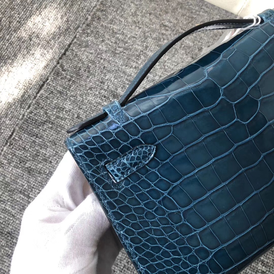 Hermes MiniKelly Pochette 亮面方塊 美洲鱷 W0 博斯普魯斯綠 Blue Bosphore